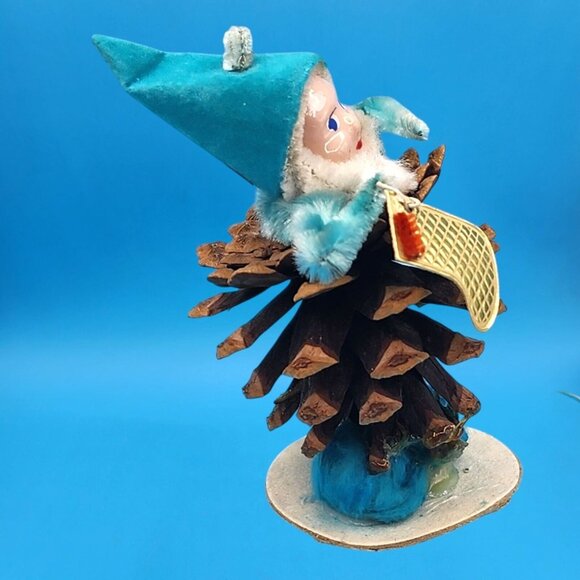 Vintage 1960s Pinecone Elf Ornament Blue Flocked Hat Chenille Arms Foil Stocking - Picture 5 of 9